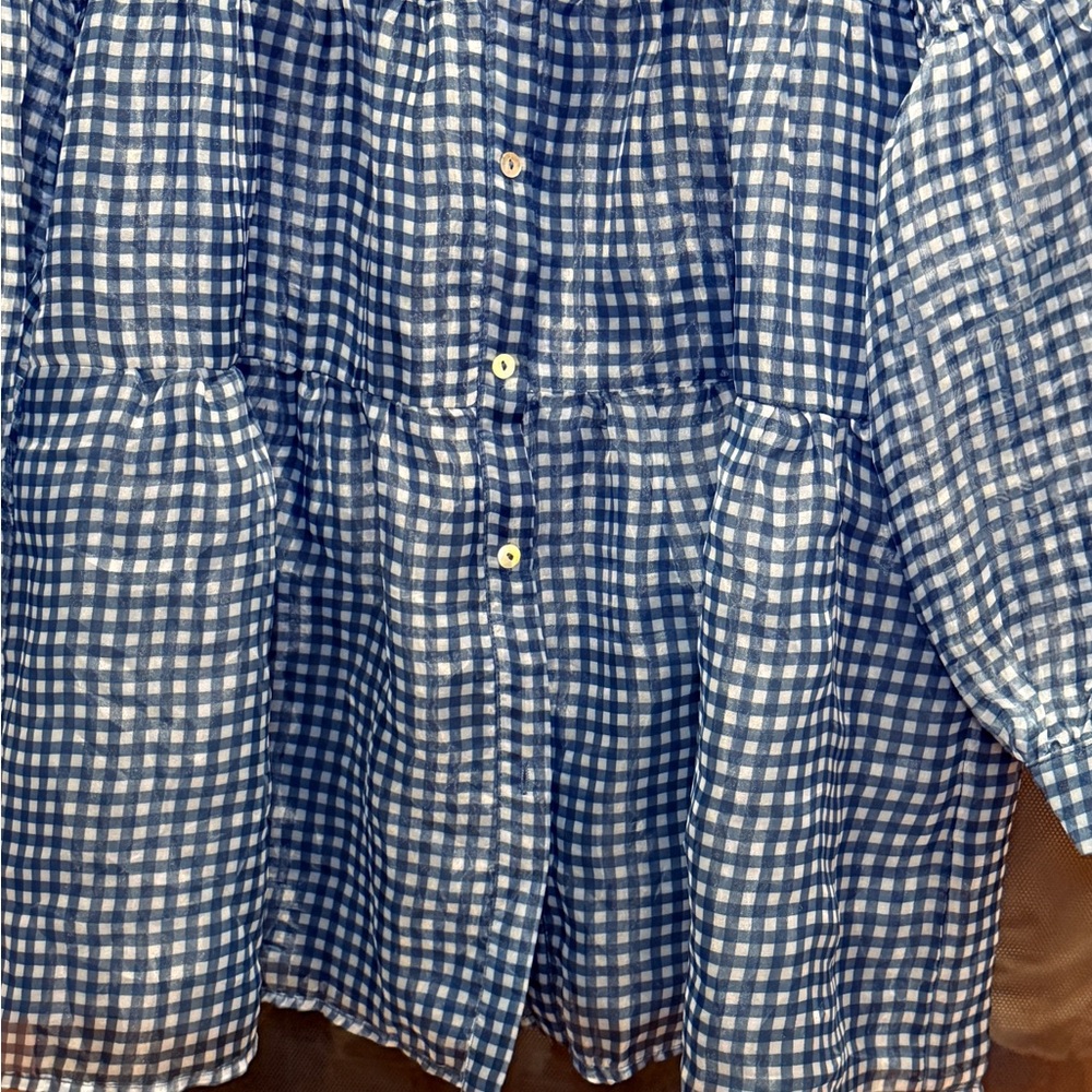 Listicle navy plaid button-down sheer tiered mini dress with puff sleeves.  Sz M - Picture 4 of 15